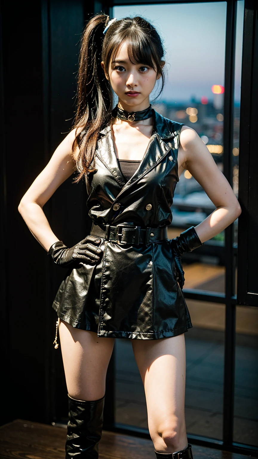 (8k、RAW Photos、Highest quality、masterpiece:1.2)、(Highest quality、Realistic)、1 Girl、((leather、ponytail、Hair clip、Ninja costume、ガーターbelt、Tube top、Arm Coverini skirt、black、tights、Belly button、Gloves、belt、ribbon、See-through、Thin legs、whole body、boots、City of night、View from the front、Looking into the camera、Stand with hands on hips))、cute