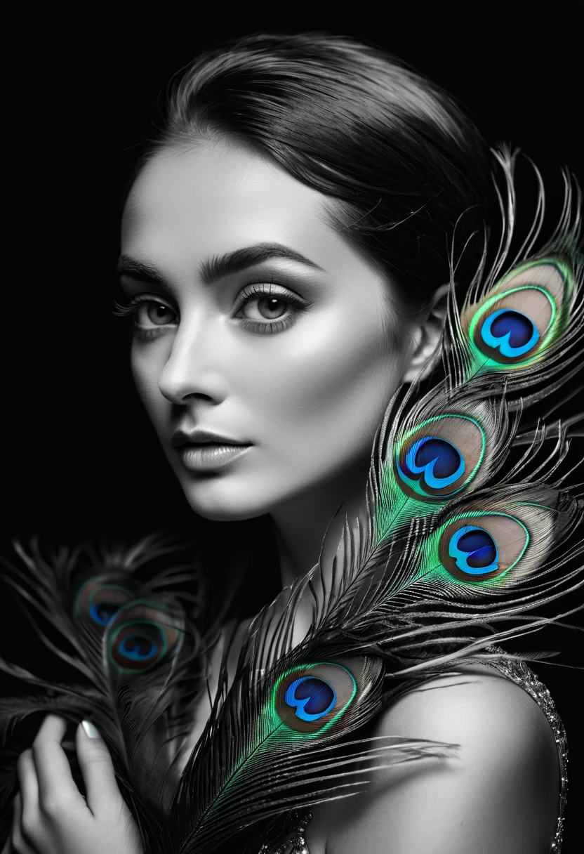 black and white, ultra clear raw photo of woman with a peacock feather, close up, dark background