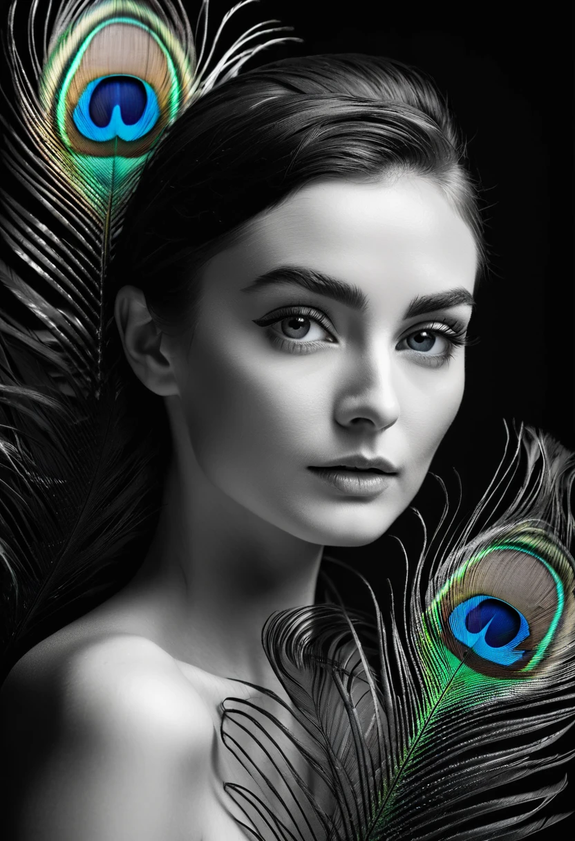 black and white, ultra clear raw photo of woman with a peacock feather, close up, dark background