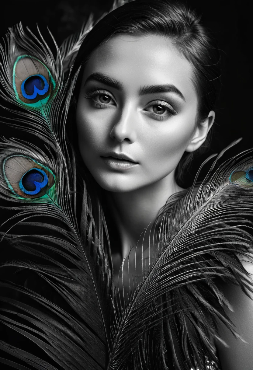 black and white, ultra clear raw photo of woman with a peacock feather, close up, dark background