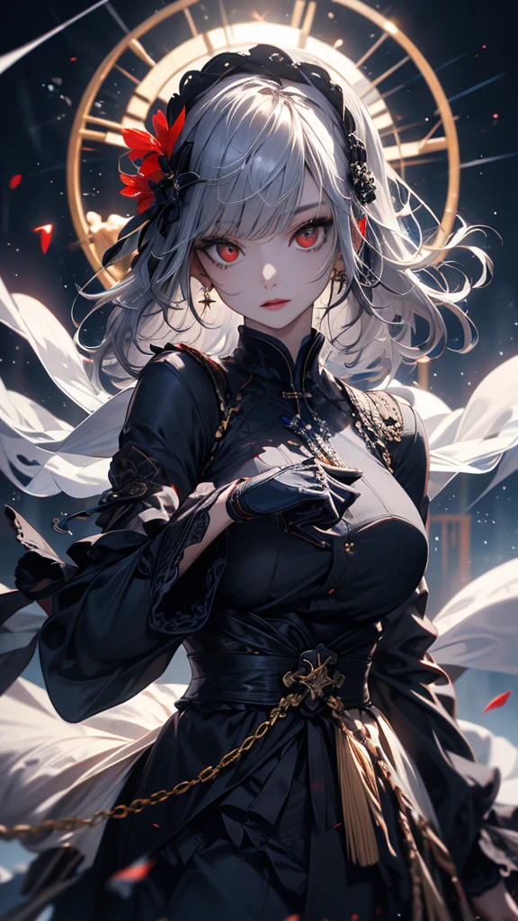 masterpiece, high quality, 4K, Beautiful design, silhouette,Gray Hair, 非常に詳細な夜のStarry Sky,Flower Field, wonderful, Finer details, Very knowledgeable woman, Highly detailed solo, 1 female,Red eyes,Big Breasts,Gothic ta Fashion,cross,Night view,Starry Sky,full moon,