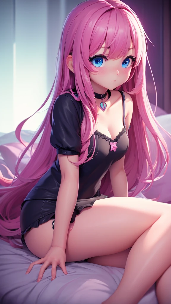 1 girl, solo, dark long straight hair, sitting on bed, looking at viewer, wearing a pink lingerie, large ass, beautiful blue eyes, thick thighs, very comfy bed, nice realistic bedroom, pink wall, neon lights, black choker, tattoo on left arm