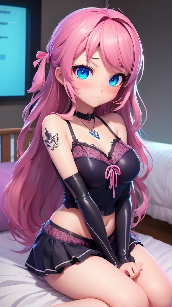 1 girl, solo, dark long straight hair, sitting on bed, looking at viewer, wearing a pink lingerie, large ass, beautiful blue eyes, thick thighs, very comfy bed, nice realistic bedroom, pink wall, neon lights, black choker, tattoo on left arm