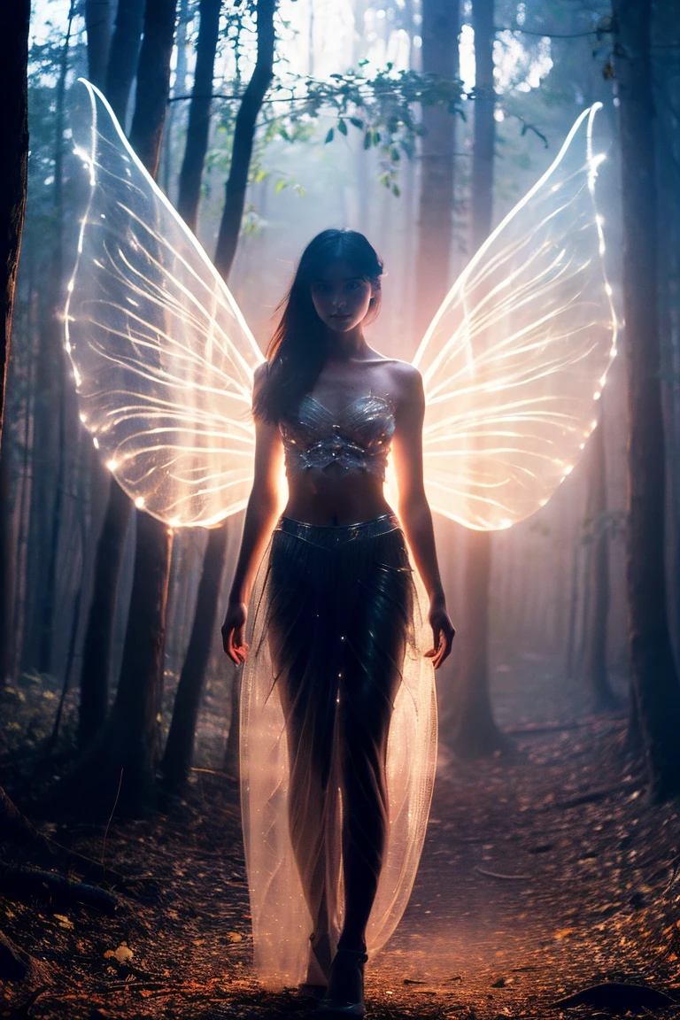 A girl, solo, glowing eyes, pretty face, angel wings, fairy skirt, veil, full body photo, looking at the viewer, photography style, mysterious lake, hazy beauty, fantasy feeling, mysterious feeling, reality, detail , ultimate characterization, atmospheric lighting