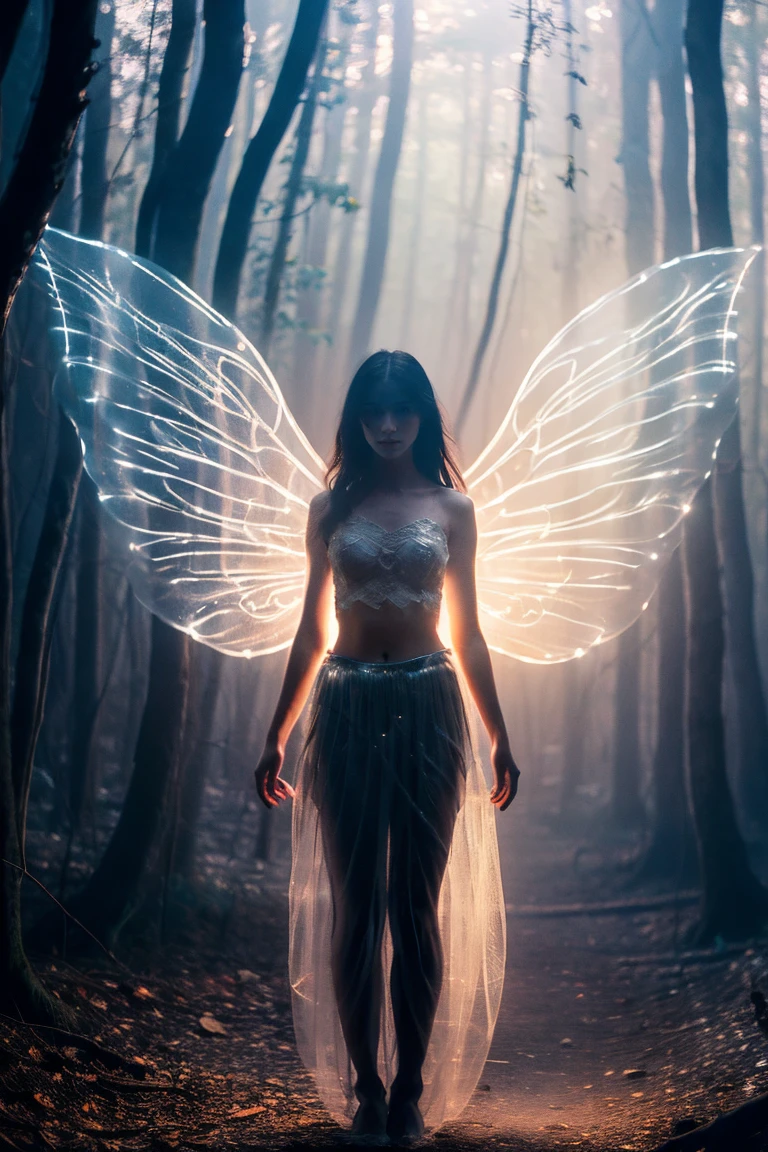 A girl, solo, glowing eyes, pretty face, angel wings, fairy skirt, veil, full body photo, looking at the viewer, photography style, mysterious lake, hazy beauty, fantasy feeling, mysterious feeling, reality, detail , ultimate characterization, atmospheric lighting