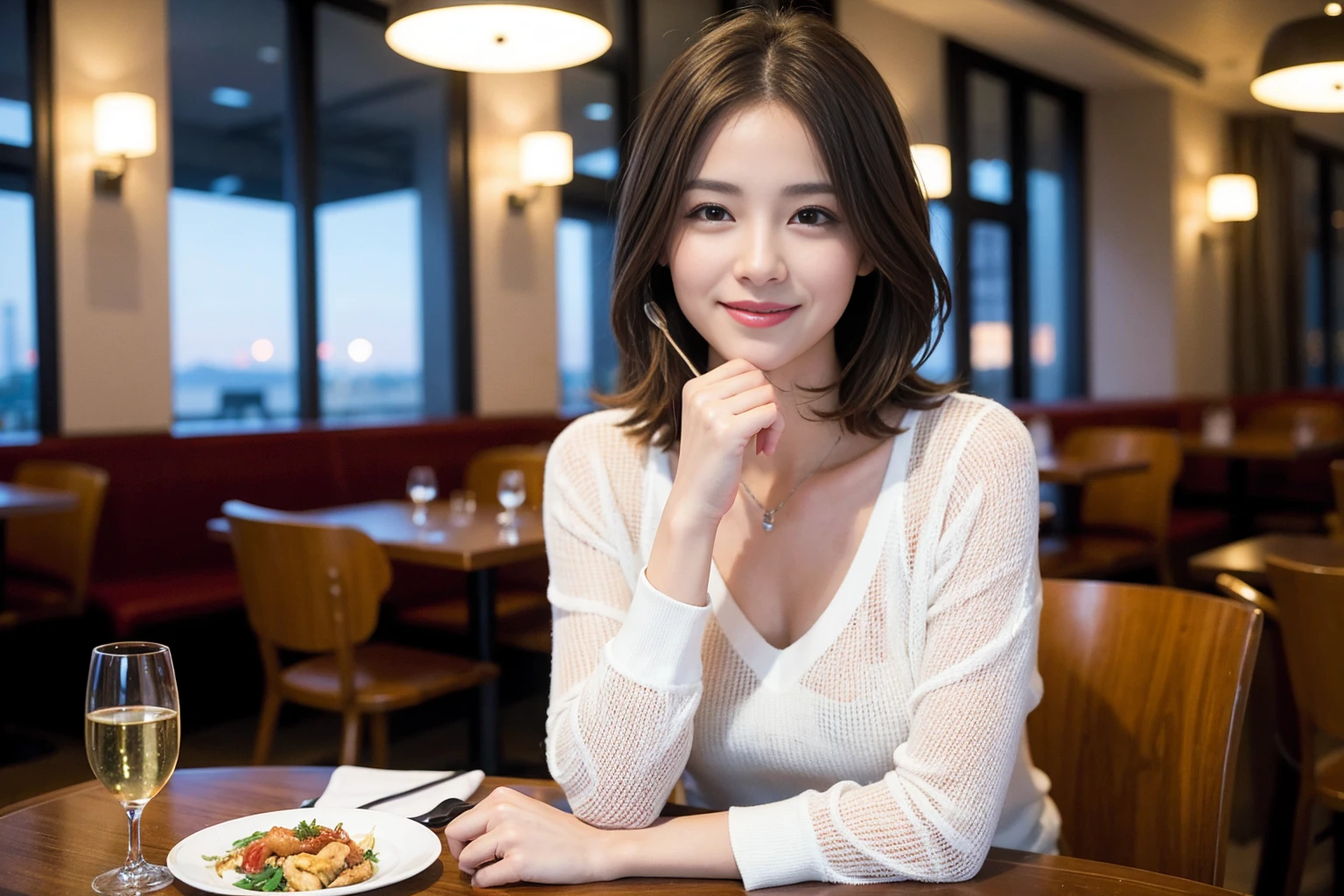 ((Highest quality、8K、masterpiece:1.3))、Shortcuts、cute、slimカップル、modelカップル、actress男優、(Realistic, Intricate details:1.2), full-course dinner、Wine Party、Amazing view of the sunset sky and clouds、A bright smile、short hair,Bright Face、45 years old), 42 years old, red wine 、Appetizers、Italian food、Wine bottle、Champagne、sparkling wine、Two beauties、Brown Hair、Shortcuts、Long sleeve shirt、dress、Beautiful woman 1, (slimな顔), (The body is slim), (Brown Hair), (Shortcuts), cheeks turn a little red,Attractive beauty、restaurant, In a prominent place (From the waist up) Nova Frog Style, actress, model, Upper Body, White wine, slim, wine glass, 中央に置かれたwine glass, smile, (smile: 1.15), Beautiful fine grain, Depth f/2,saturation, High Contrast, Strong light and shadow,Moist Body:1.5、3D texture、Delicate eyes、Brown Hair、The hair is very shiny、