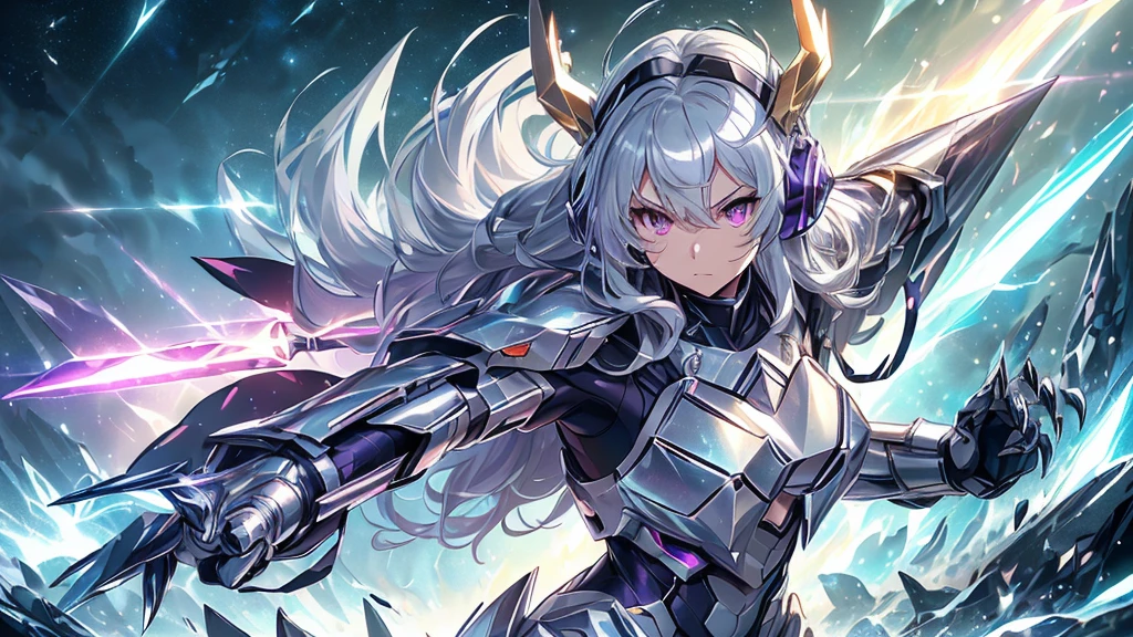 maximum quality、Superior image quality、Masterpiece artwork、girl with((silver mech suit、Shiny gold mech suit、18-years old、 kor、cute、Better bust、big stick,Beautifully glowing purple eyes wide open, messy silver hair、longye hair、A slender,big moves in volleyball,razor-sharp claws、Equipped with a shield on the right arm、headphones with sword in left hand、fighting poses、running splashes)),high qualiy、linda arte、Background with((A world of shining galaxies、diamonds)))、,tabletop、depth of fields,cinematic style