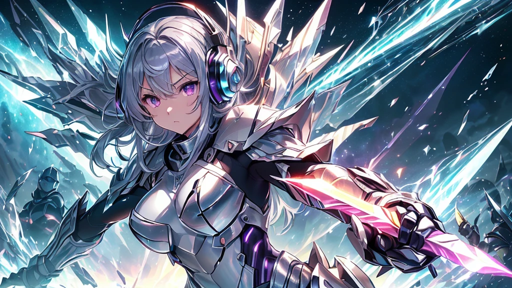 maximum quality、Superior image quality、Masterpiece artwork、girl with((silver mech suit、Shiny gold mech suit、18-years old、 kor、cute、Better bust、big stick,Beautifully glowing purple eyes wide open, messy silver hair、longye hair、A slender,big moves in volleyball,razor-sharp claws、Equipped with a shield on the right arm、headphones with sword in left hand、fighting poses、running splashes)),high qualiy、linda arte、Background with((A world of shining galaxies、diamonds)))、,tabletop、depth of fields,cinematic style