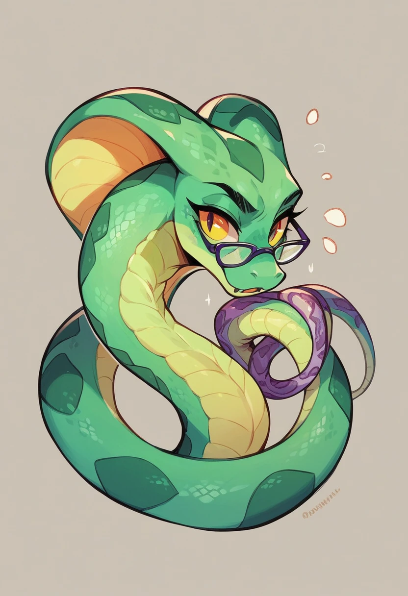 Purple snake with green scales wearing glasses animated