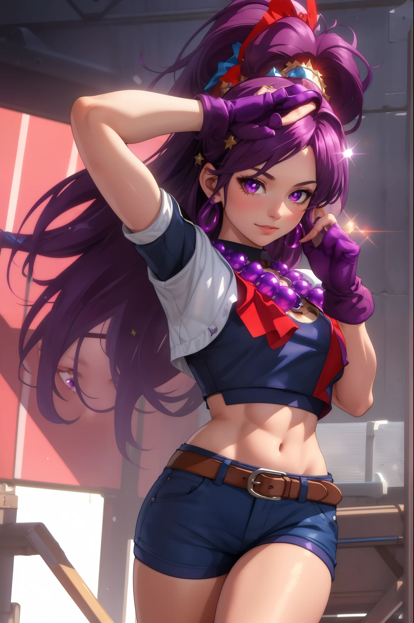 (masterpiece, best quality:1.2), cowboy shot,1girl,solo,purple hair,fingerless gloves,purple eyes,long hair,blue bike shorts,red crop top,star hair ornament,jewelry,earrings,hair ornament,white hairband