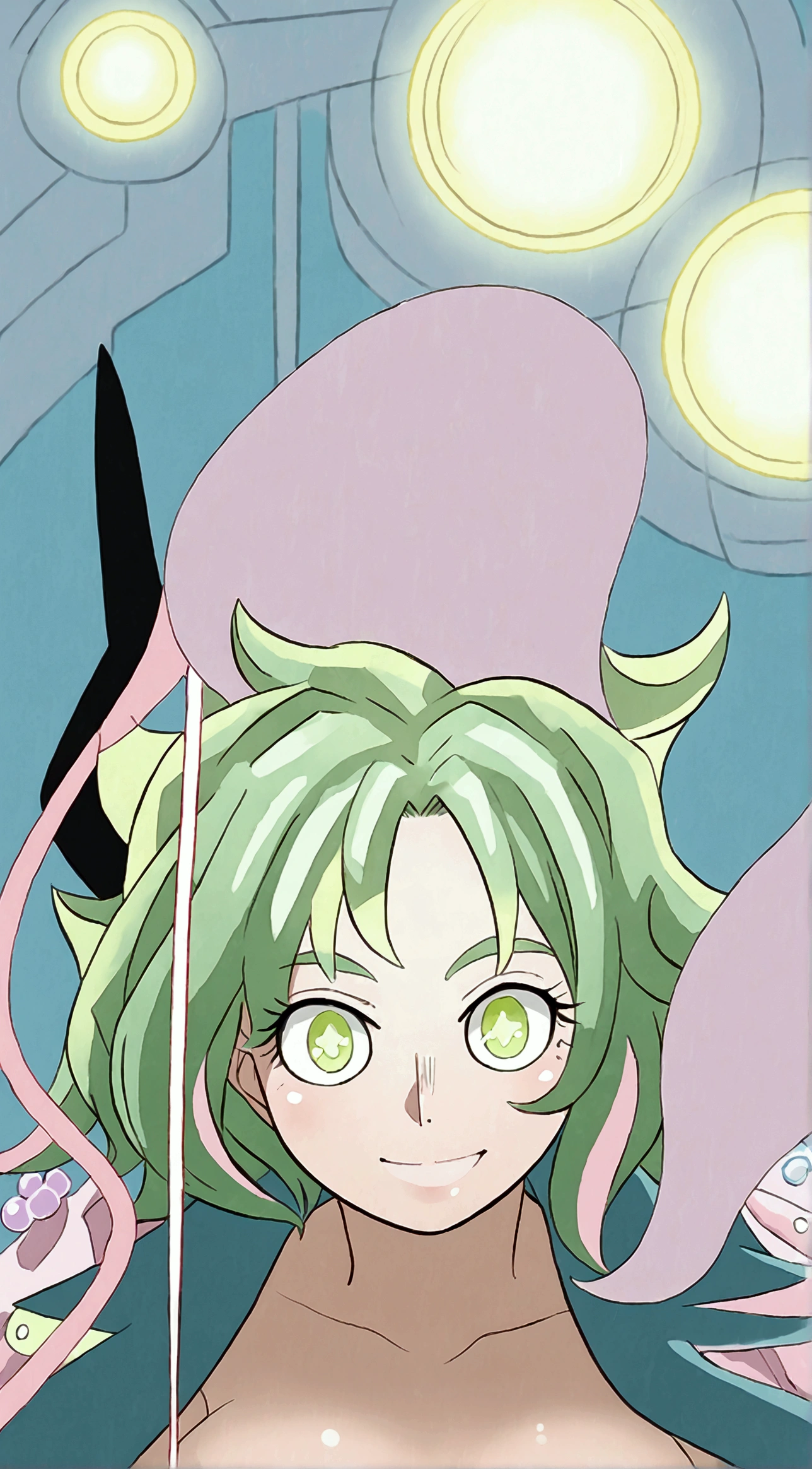 lady nagabt of mha, MHA anime style, strong green haired woman, green hair with lime green parts, messy and unusual hair, short eyebrow, green neon suit hero, cabelo com dark and light strands, dark and light strands, olhar fofo,  soft lips, ssmile, dark and light strands, beautiful lighting. Lime eye, cute Smile , big hair