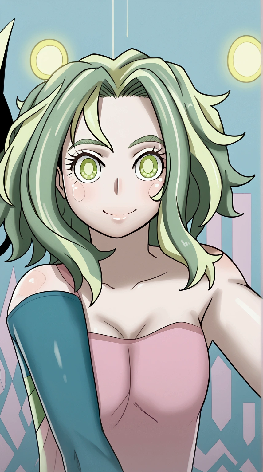 lady nagabt of mha, MHA anime style, strong green haired woman, green hair with lime green parts, messy and unusual hair, short eyebrow, green neon suit hero, cabelo com dark and light strands, dark and light strands, olhar fofo,  soft lips, ssmile, dark and light strands, beautiful lighting. Lime eye, cute Smile , big hair