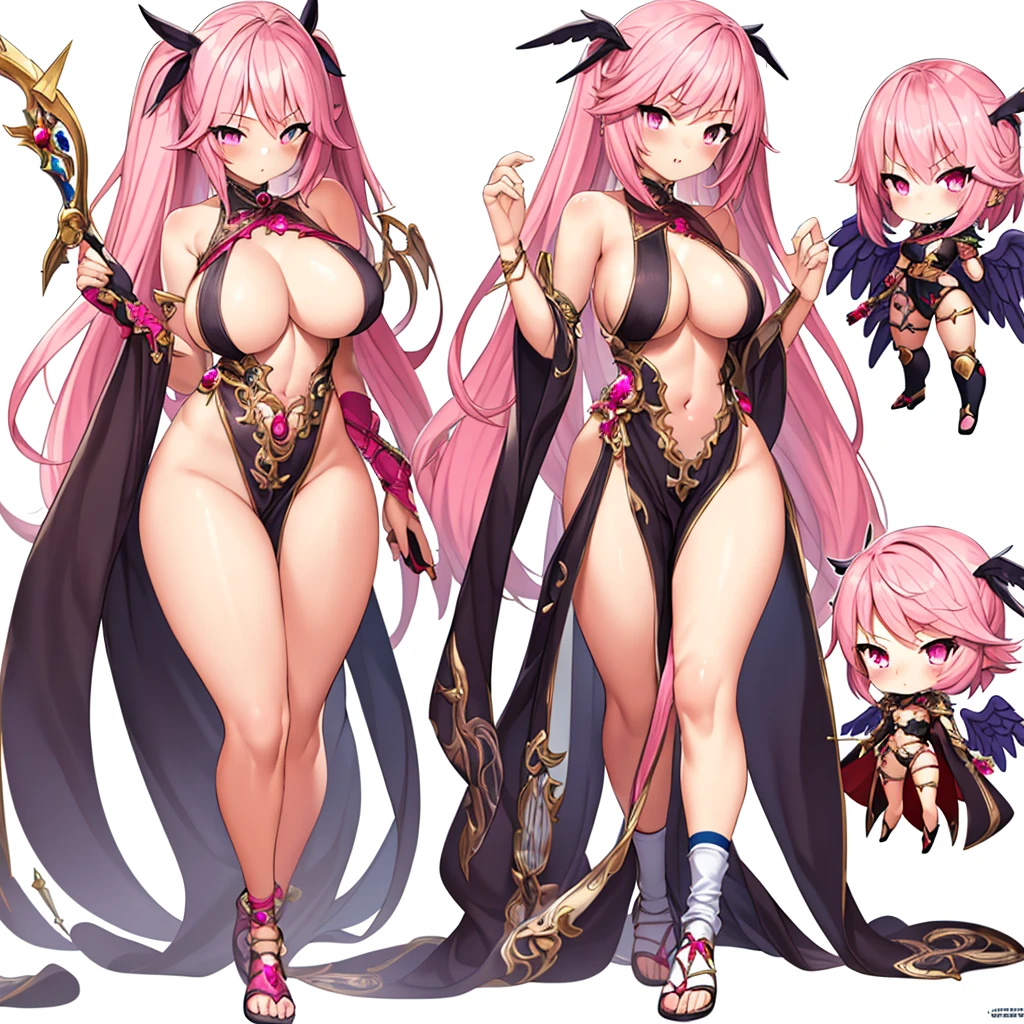 masterpiece , best quality , sox figures , side , oblique view , 1 girl , fantasy clothes , full body , white background , heroine , deformed , sexy , chibi , Highly Exposed , angel , pink clothes , pink hair ,