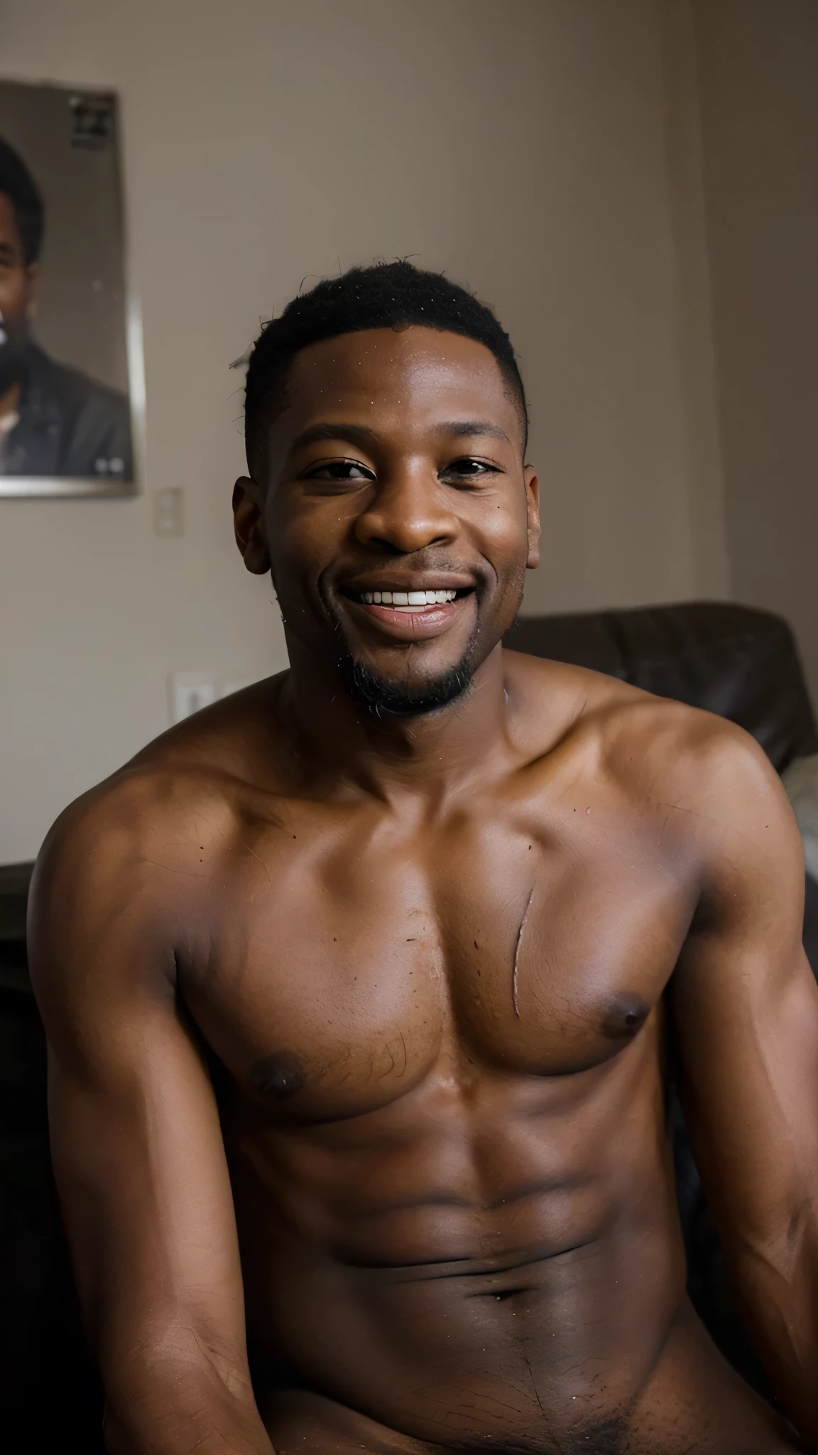 ((long distance shot:1.5)), a black man, small beard, wrinkled, weathered, with piercing eyes, laughing, detailed face, high details, laying on the sofa, apartment on the background, naked