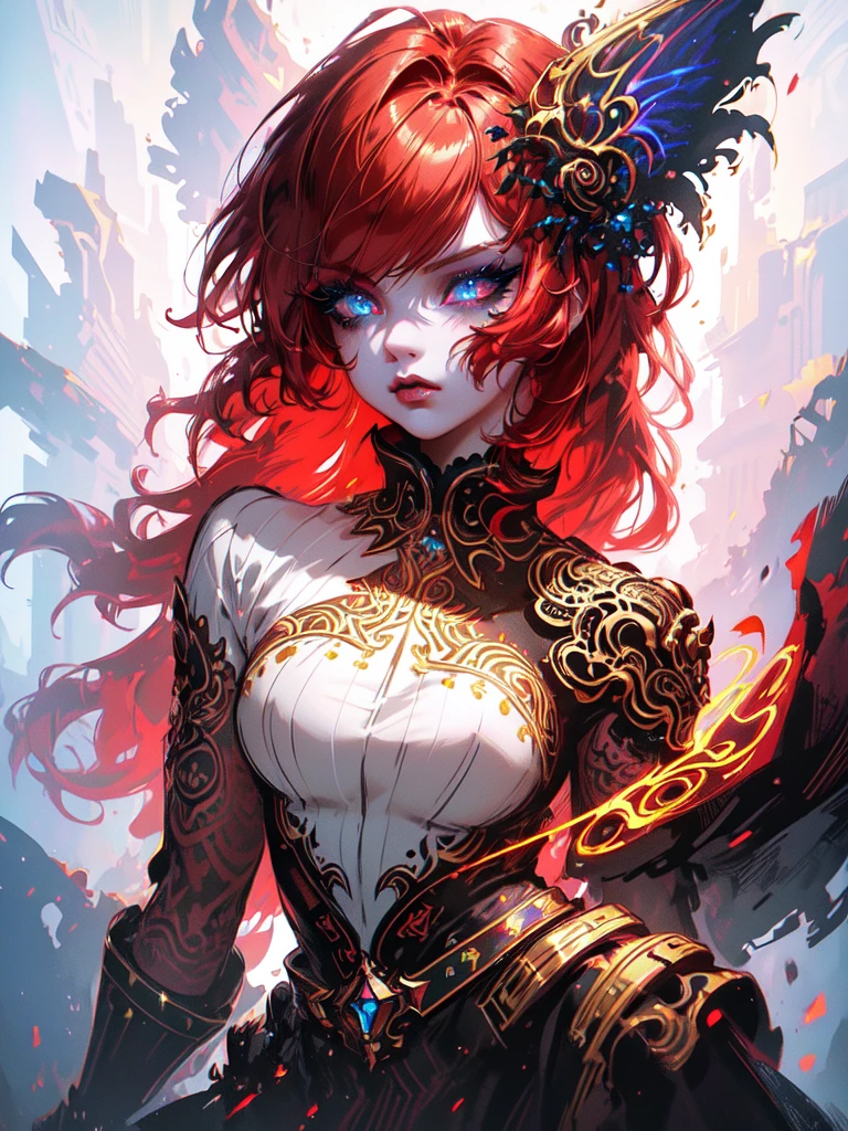 Red hair color,(masterpiece, best quality),(1 lady),(solo),(artstation),(dynamic),(charming),(magical),(unreal engine),(fantastically beautiful),(illustration),(dramatic lighting),(rave background),(neon glow),(maximalist),(extremely detailed eyes and face),(long eyelashes),(intricate details),(vibrant colors),(cinematic lighting),(fantasy portrait)