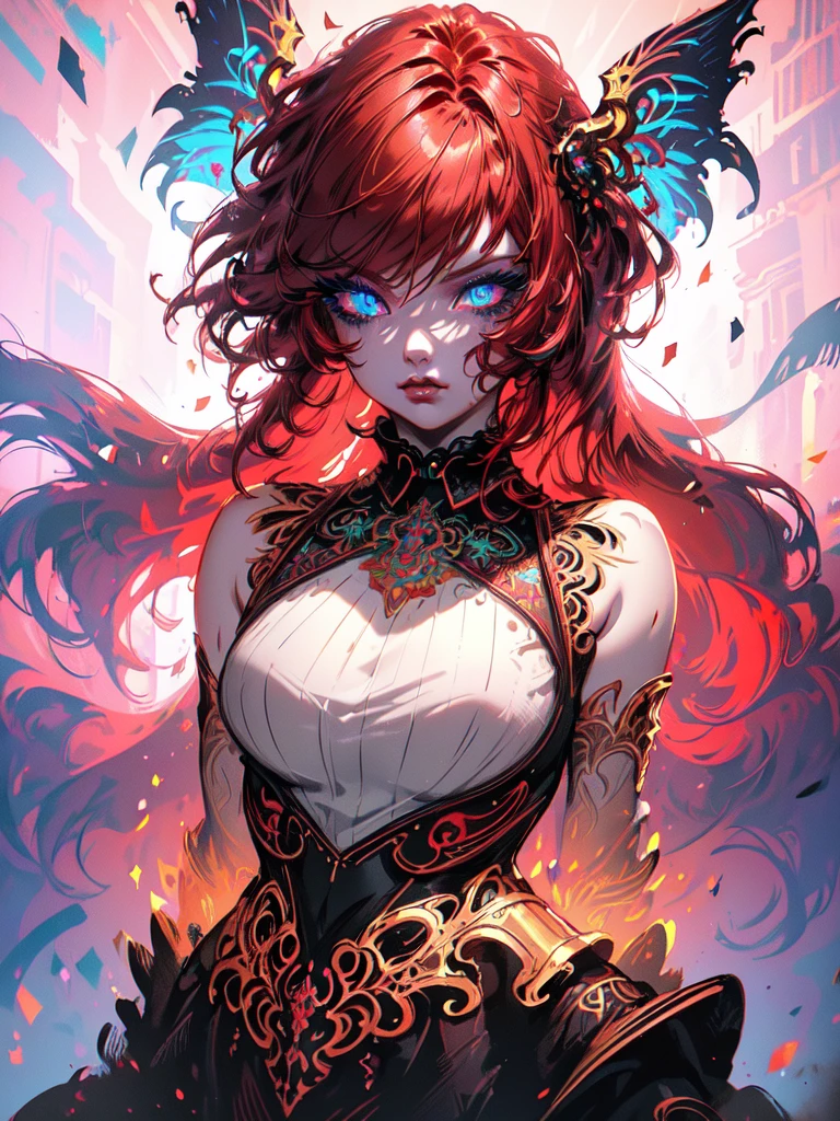 Red hair color,(masterpiece, best quality),(1 lady),(solo),(artstation),(dynamic),(charming),(magical),(unreal engine),(fantastically beautiful),(illustration),(dramatic lighting),(rave background),(neon glow),(maximalist),(extremely detailed eyes and face),(long eyelashes),(intricate details),(vibrant colors),(cinematic lighting),(fantasy portrait)