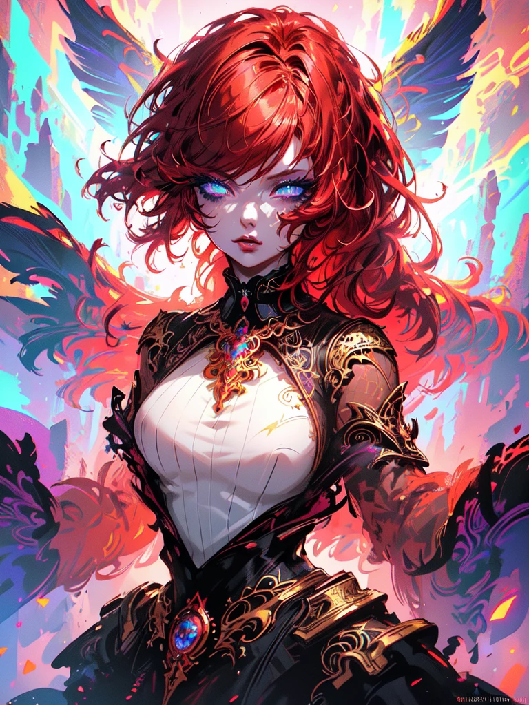 a red-haired fairy, long curly hair, tattoo of a half moon on the chest, big-ass