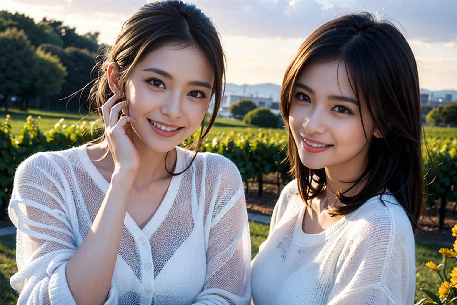 ((Highest quality、、masterpiece:1.3))、1 male、1 female,44 years old 39 years old、Shine the light on my face、Slim Beauty、Beautiful couple、Upper Body、smile、 (Slim face), (the body is スリム), (Brown Hair), (Shortcuts), テーブルのフルコースディナーとwine glass、Amazing view of the sunset sky and clouds、smileの美しさ、Wine bottle、sparkling wine、Long sleeve shirt、dress、White wine, red wine, wine glass, Beautiful fine grain, Depth f/2,saturation, High Contrast, Strong light and shadow,Moist Body:1.5、 texture、The hair is very shiny、