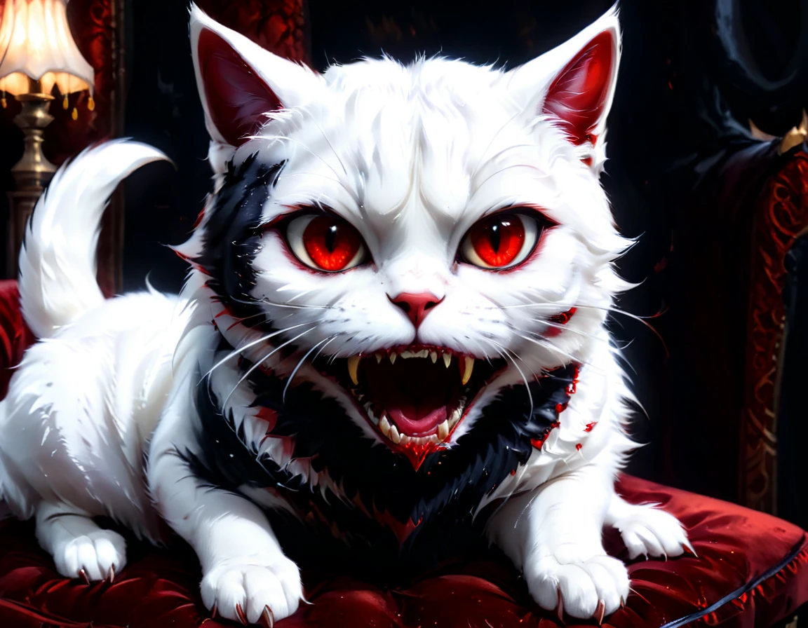 a portrait of vampiric cat, close up portrait of white cat with white fur, shiny fur, red glowing eyes, vampiric feline fangs, blood dripping from fangs, he has a red diamond collar,  he sits on  a black velvet pillow, intricate detailed pillow, Amber cat eyes, vampire teeth, dark fantasy library in the background, Ultra-high resolution, High Contrast, (masterpiece:1.5), highest quality, Best aesthetics), best details, best quality, highres, ultra wide angle, 16k, [ultra detailed], masterpiece, best quality, (extremely detailed)