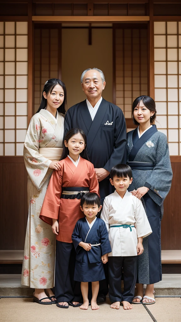  "A family portrait of Eiichi Shibusawa with his wife, Chiyo, and their children, set in a traditional Japanese household, showcasing his family life."
