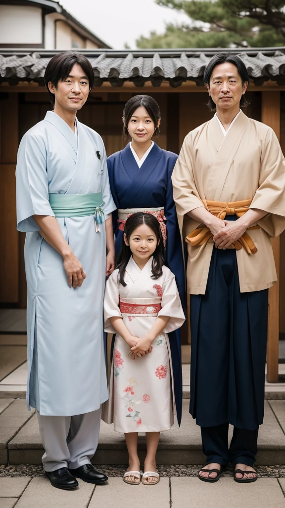  "A family portrait of Eiichi Shibusawa with his wife, Chiyo, and their children, set in a traditional Japanese household, showcasing his family life."
