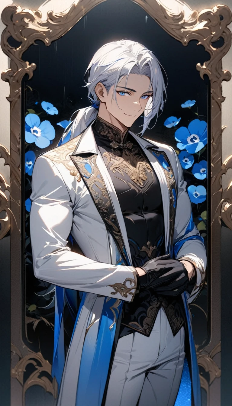 (masterpiece:1.5)，Highest quality，(1 handsome man)，alone，White medium length hair，Low Ponytail，(blue eyes), (A kind smile)，elegant，Perfect Face，fantasy chinese style，Long black trench coat，white and blue cloth，Intricate clothing designs incorporating Chinese elements，Black Leather Gloves，White lining，White suit pants，rather muscular body，expensive，8K，Beautiful contrast of light and shadow，Dark luxury background，(Full upper body)，Positive face，((Nemophila))，Luxury Screen，blue flower