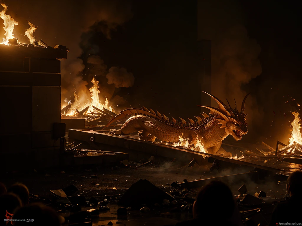 Un dragon crache du feu sur la foule. Réactions de panique