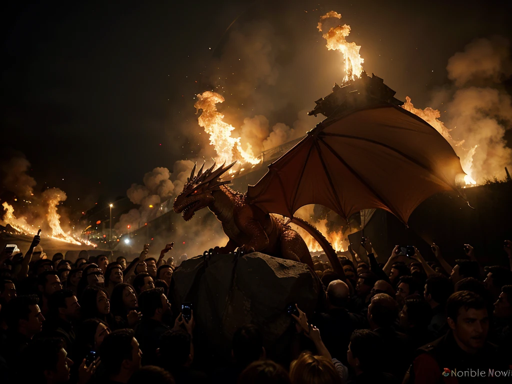 Un dragon crache du feu sur la foule. Réactions de panique
