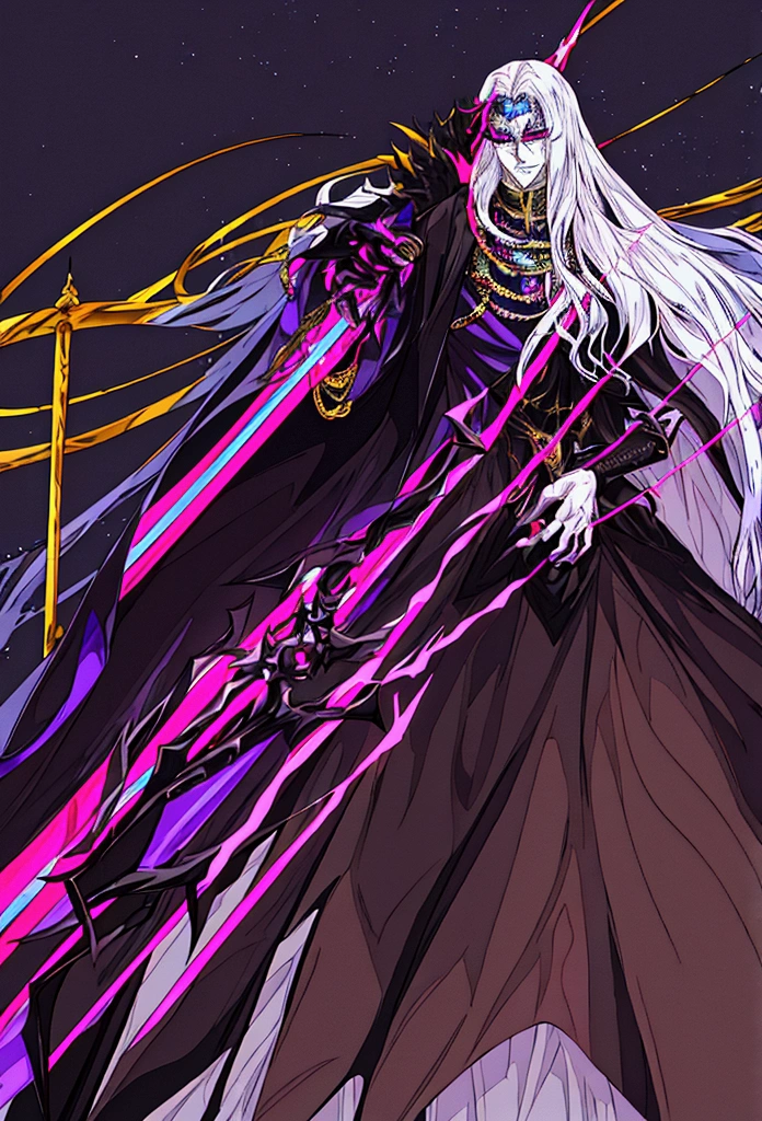 A tall, imposing villain with an athletic build and pale, metallic-shimmering skin. He has long, flowing black hair and glowing red eyes. He wears a futuristic black and purple suit adorned with galaxy-like details and a long, dark cape that floats around him as if in zero gravity. In one hand, he holds an ancient scepter with a black crystal at the tip, emitting gravitational energy. Around his neck, he wears a spiral-shaped amulet that emits a mysterious aura. His appearance exudes ambition, cruelty, and an aura of control over gravity