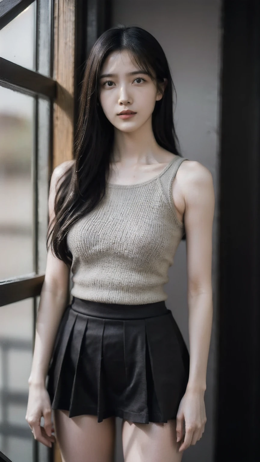 1girl, woman, masterpiece, best quality, highest quality, cinematic lighting, (volumetric lighting), extremely detailed CG unity 8k wallpaper, focused, 8k wallpaper, extremely detailed, ultra realistic, photorealistic, sharp focus, absurdres, (HDR:1.2), (high contrast), photograph, detailed and intricate, instagram, portrait, highly detailed, digital painting, artstation, concept art, smooth, sharp focus, illustration, cinematic lighting, (golden ratio of breast size), ((medium shoulder)), (skinny legs), (slender body), (height 163cm), (HQ skin:1.4), (knit strap tanktop, very short black skirt), (standing, show thighs), ((long hair)), (hips shot, hip level shot), medium shot, ((eyes looking at viewer)), arm crossed.