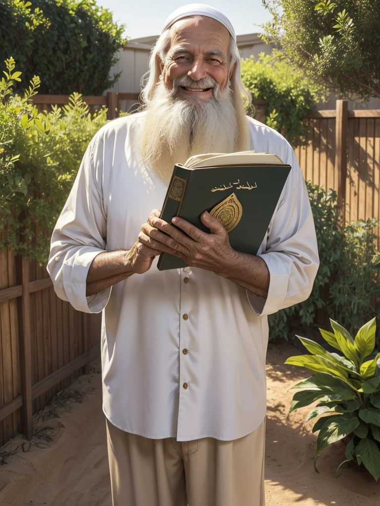 1guy, 80 years old, American, white shirt, medium healthy flowing hair, Short beard, medium hair, healthy, happy, smiling, holding a giant golden quran covered in dirt, backyard, realistic, midjourney, hyperrealistic, birds eye POV
