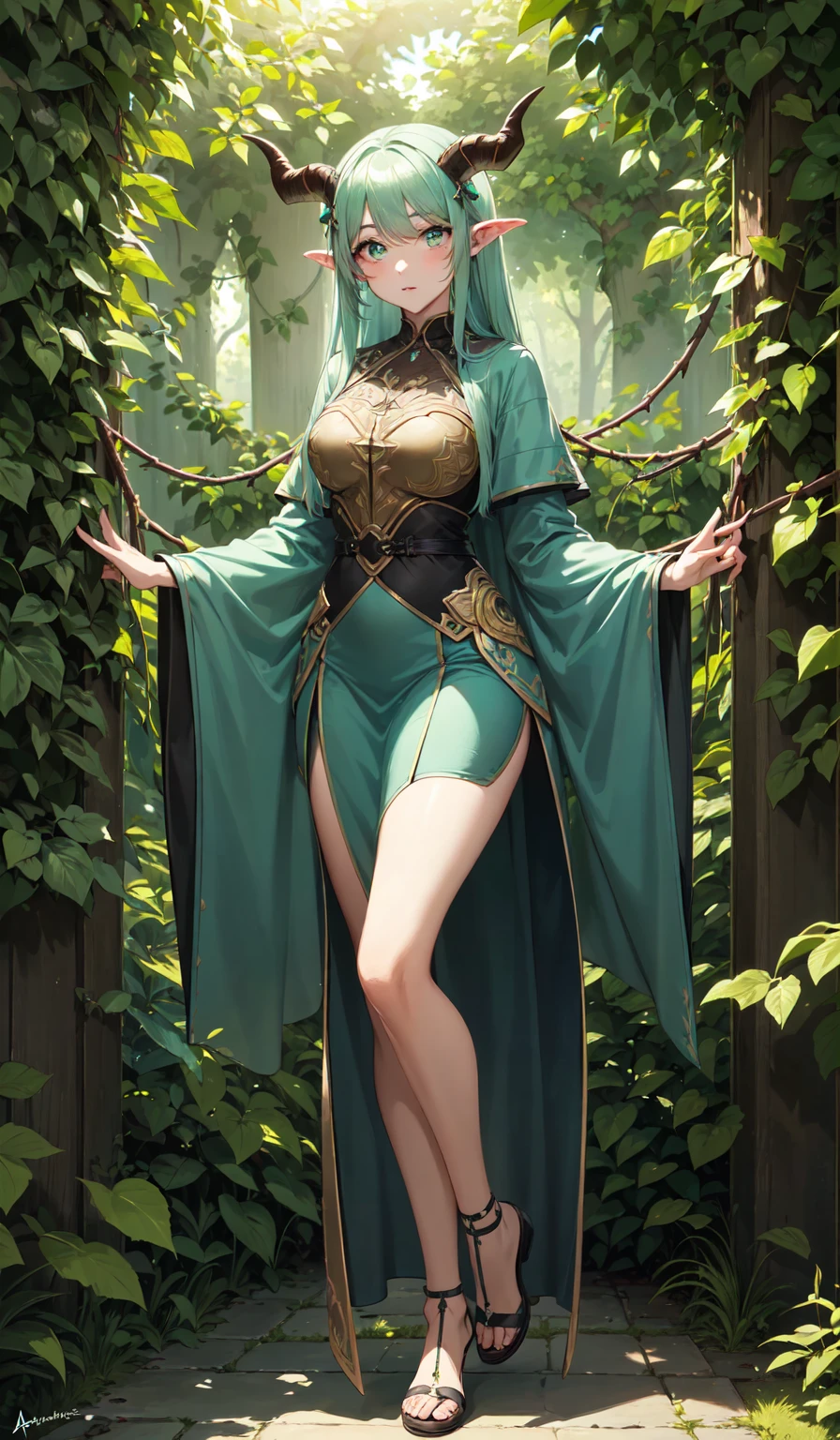 (Best Quality,Unparalleled Masterpiece:1.4),Ultra-Detailed CG 4K,(Ultra-Detailed Clear Absurdly-Vivid Mint Big Eyes:1.2),yellow medieval summer girl, concept, vines on the hand and horns from vines, full length, full body, magic hunter
