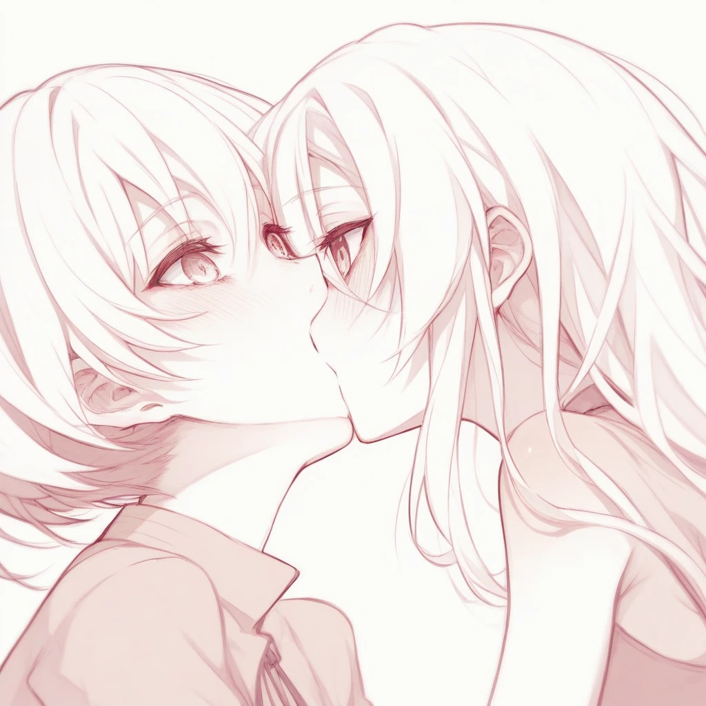 , lineart by Naka Bokunen, tumblr, conceptual art, kissing together cutely, sasoura, marton gyula kiss ( kimagu ), mischievous!!, lovely kiss, gapmoe yandere, distant!!, 8k!!, kissing together A kiss on the forehead