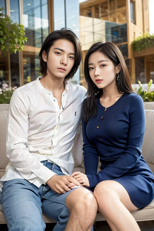 Masterpiece, best quality, {best quality}, {{masterpiece}}, {highres}, {{{field field}}, extremely detailed couple, illustration, couple, 1boy, 1girl, couple, love, love, romantic, sharp focus, male focus, female focus, black hair, violet eyes, sun, sunlight, lifting, surprised, envy, orange sky, t-shirts, men's leisure clothes, expressionless, women's fashion