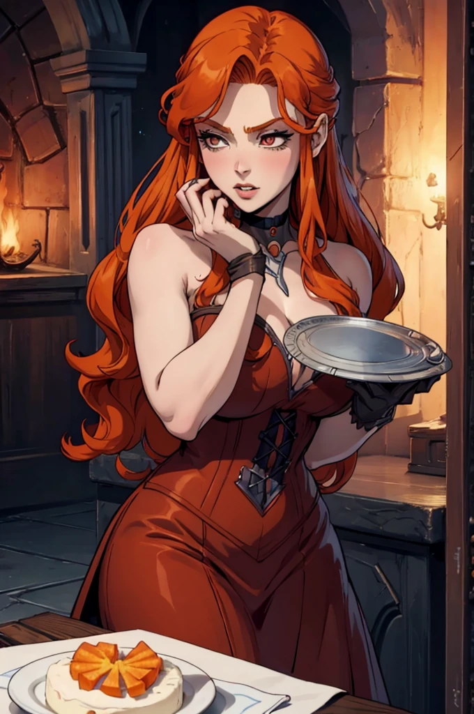 Lenore - Castlevania, sexy vampire girl with orange hair, nude, blue stockings, blue choker, girl holding a cake with "100" written on it