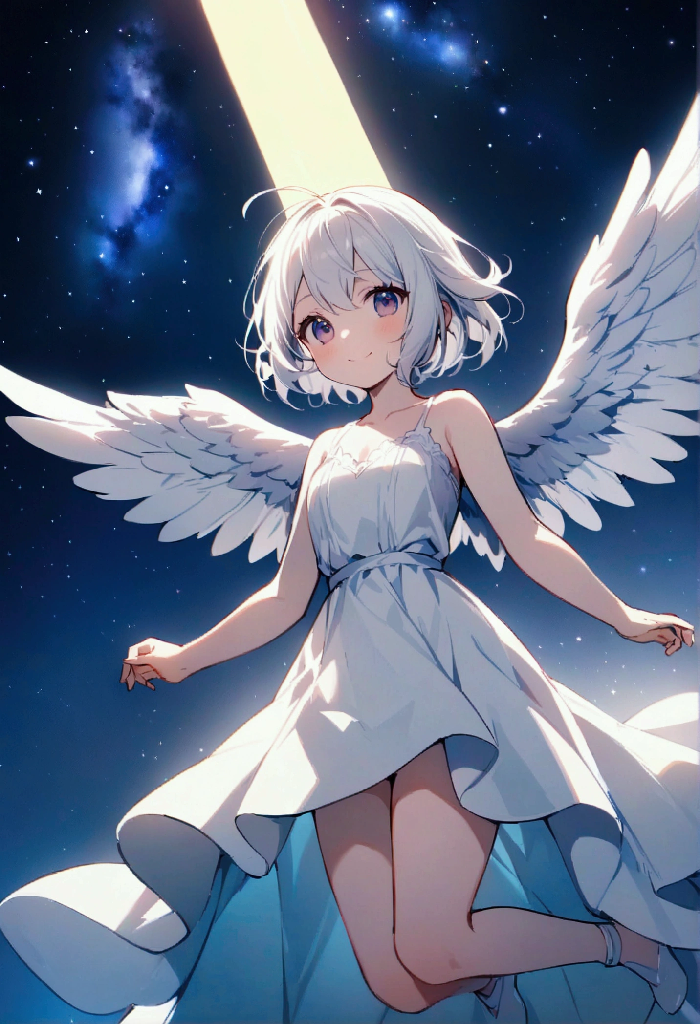 Angel Wings,Ten Wings,One Girl,cute,Big white wings,White Dress,fly in the sky,smile,Beautiful starry sky,high quality,High resolution,high quality,Long white hair,Illuminated by the moonlight,Full body image