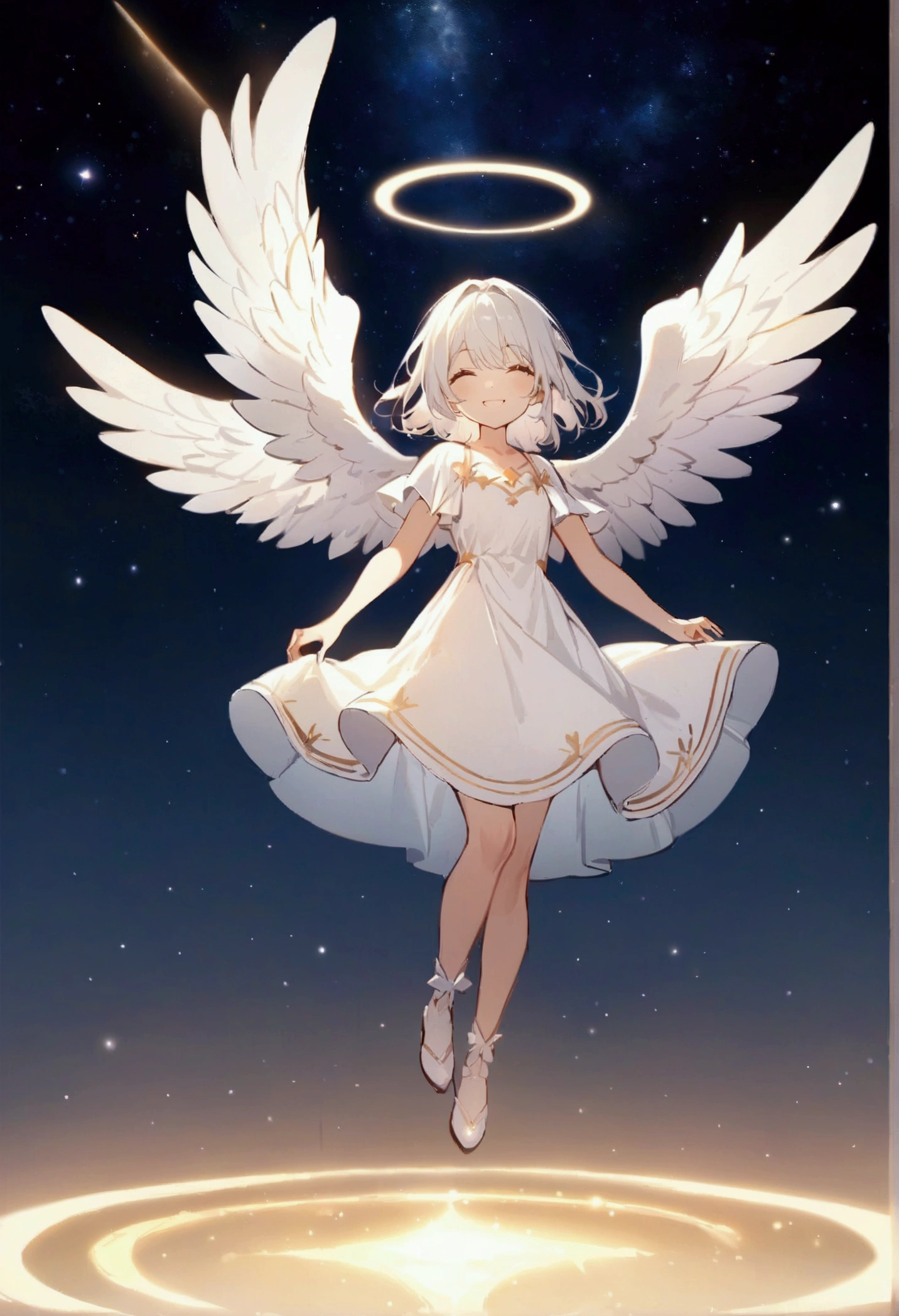 (high quality) (best quality) (a woman) (correct physiognomy) (5 fingers on each hand) (two arms) (two eyes) Woman, white hair with bangs over her forehead, four small angel wings coming out of her head , two on the left side and two on the right side, two angel wings coming out of her back, a golden halo behind her head, golden eyes, tender lips, middle age, white dress with straps over the shoulders, diagonal skirt cut leaving one leg exposed, location of the photo the woman must be in the middle of the forest, lighting of the photo sunlight, full body proportion, showing the body from head to torso in the photo