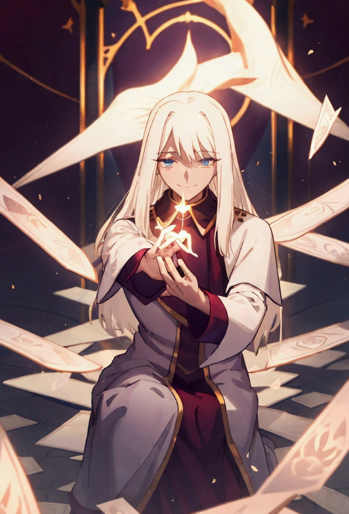 Illyasviel, sits on cards, He shows a heart with his hands, winks with one eye.