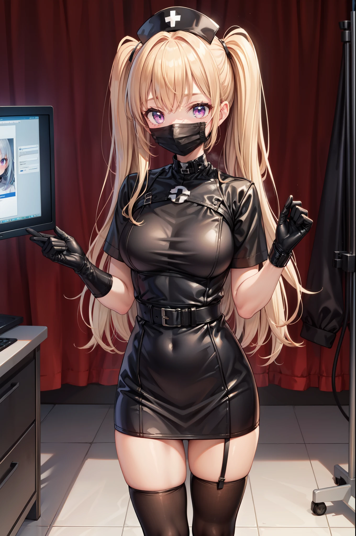 black nurse, 1girl, solo, black nurse cap, black nurse uniform, ((black legwear, zettai ryouiki)), black elbow gloves, twintails, yellow hair, purple eyes, ((black surgical mask, covered nose)), standing, ((surgery room)), sharp outline, short sleeves, best quality, masterpiece