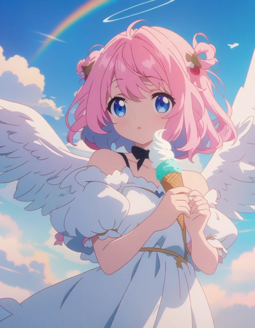 Pink hair and angel wings、Anime girl holding an ice cream cone, Anime Style 4k, Fluffy pink cartoon cloud, anime art wallpaper 4k, anime art wallpaper 4k, Anime Art Wallpapers 8K, Angel Girl, anime wallpaper 4k, anime wallpaper 4k, 4k anime wallpaper, of an beautiful Angel Girl, 4K Manga Wallpapers, Cute Anime Girl