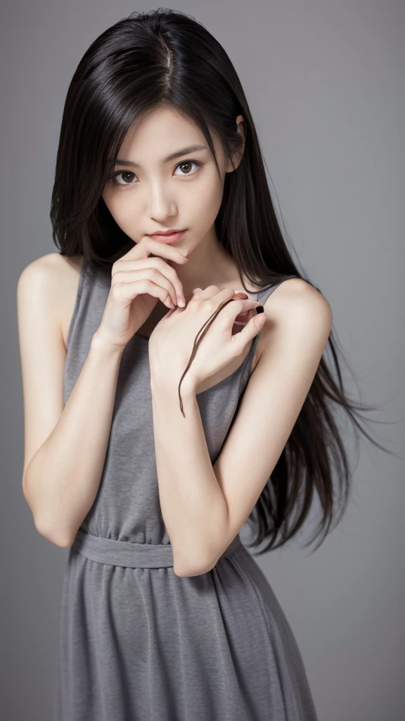 Japanese lady, skinny shape, , slender waist, beautiful face, bright eyes, black long hair, wearing a grey dress, looking back for a viewer in a photo studio, 1girl in, solo, detailed face and eyes, detailed fingers and arms.