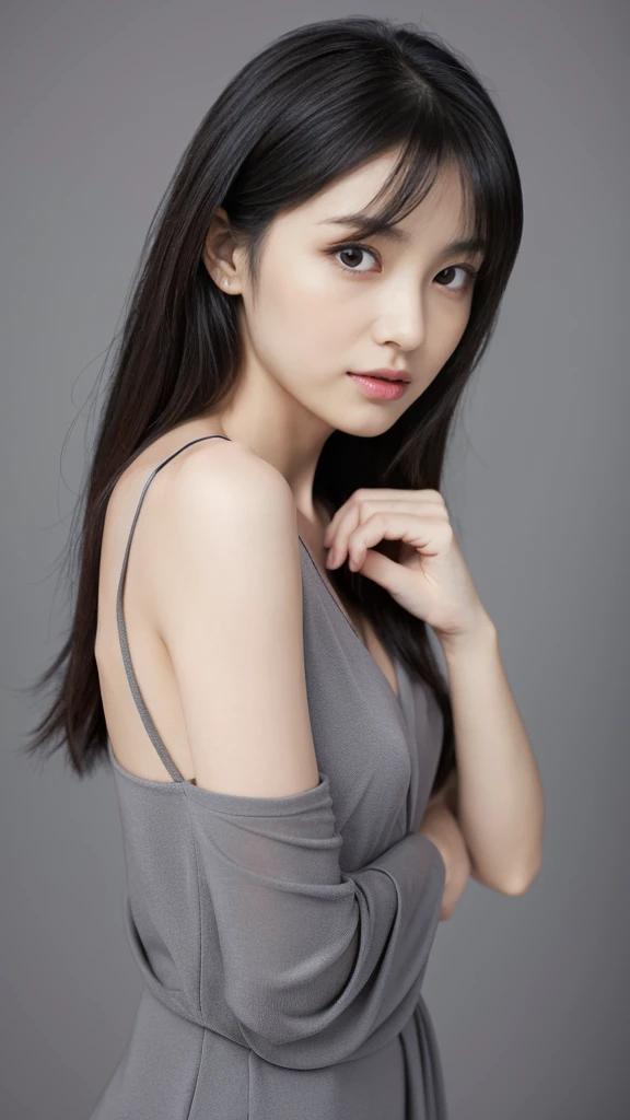 Japanese lady, skinny shape, , slender waist, beautiful face, bright eyes, black long hair, wearing a grey dress, looking back for a viewer in a photo studio, 1girl in, solo, detailed face and eyes, detailed fingers and arms.