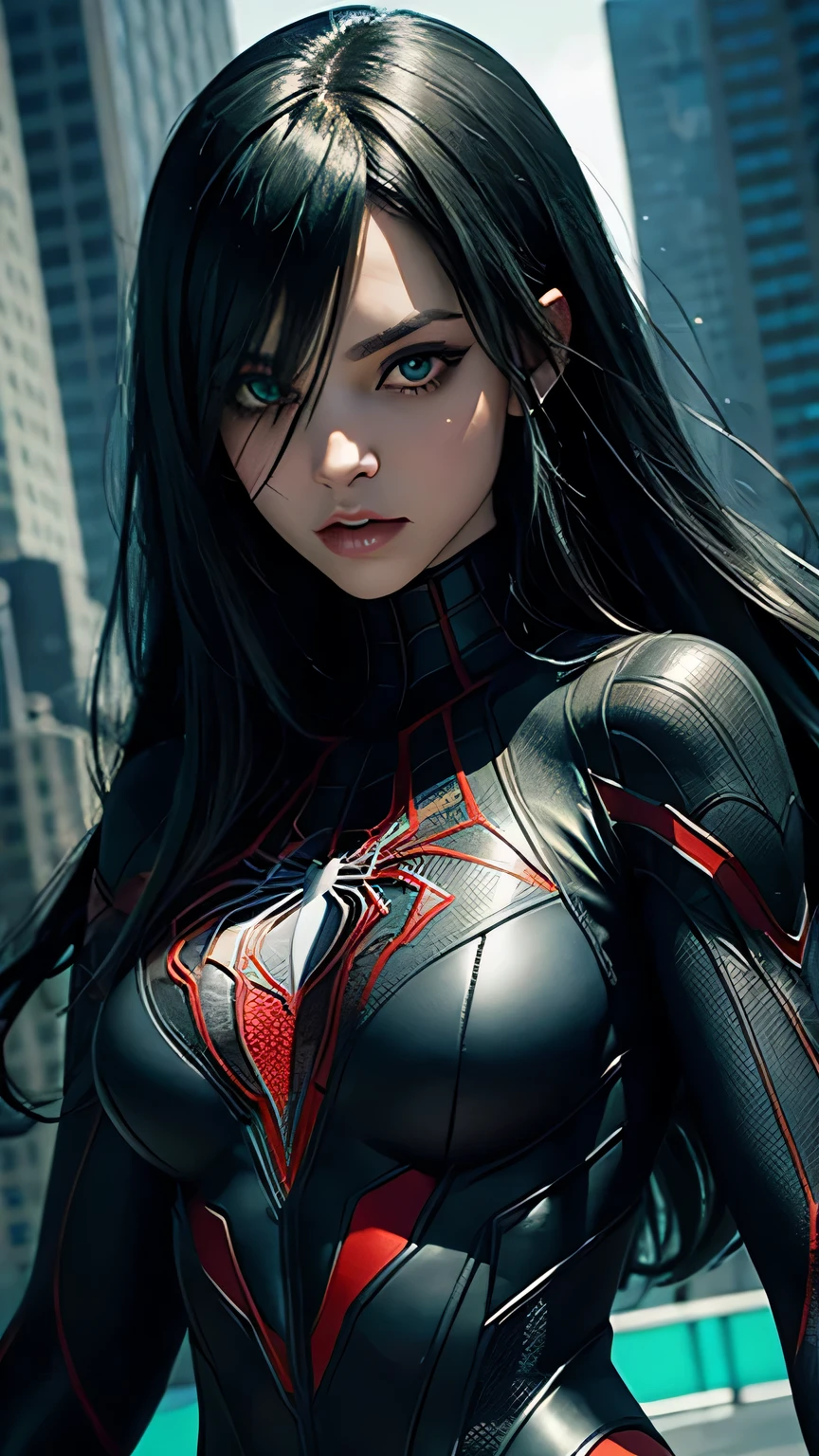 spider-woman, black suit, dangerous, beautiful eyes, green hair, half body, masterpiece, ultra high details, laze matrix background