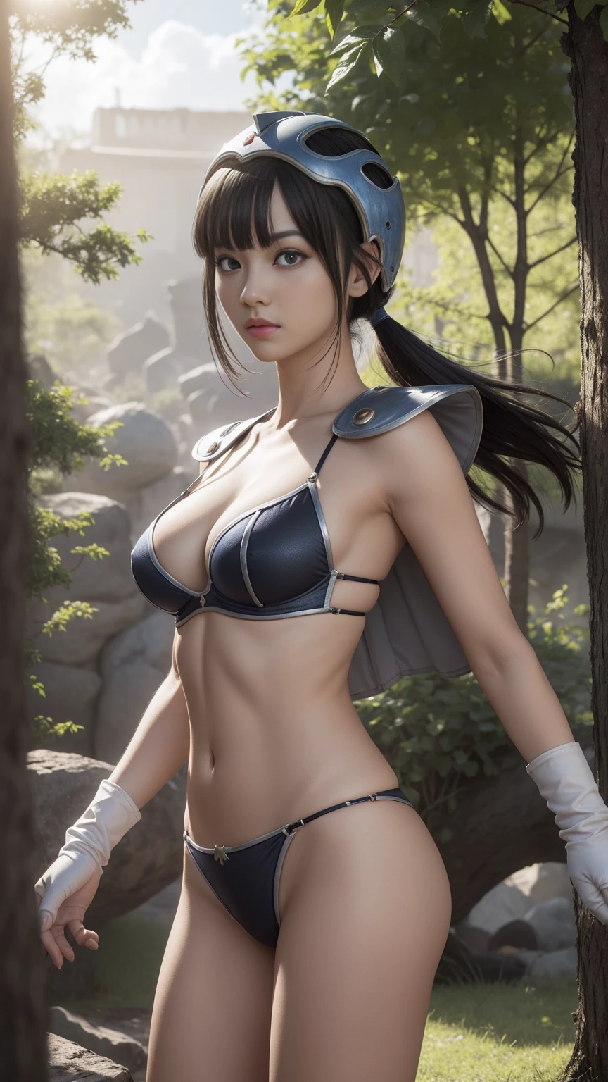 dragonballchichi, chi chi, (black eyes:1.5), black hair, long hair, hime cut, blunt bangs, sidelocks, BREAK armor, bikini armor, cape, collarbone, gloves, helmet, navel, pauldrons, shoulder armor, cleavage, BREAK outdoors, nature, forest, cloud, sky, sun, BREAK turn back, show her butt, (cowboy shot:1.5), BREAK (masterpiece:1.2), best quality, high resolution, unity 8k wallpaper, (illustration:0.8), (beautiful detailed eyes:1.6), extremely detailed face, perfect lighting, extremely detailed CG, (perfect hands, perfect anatomy),((whole body, including legs)),((Standing)),(open thighs),(open legs)