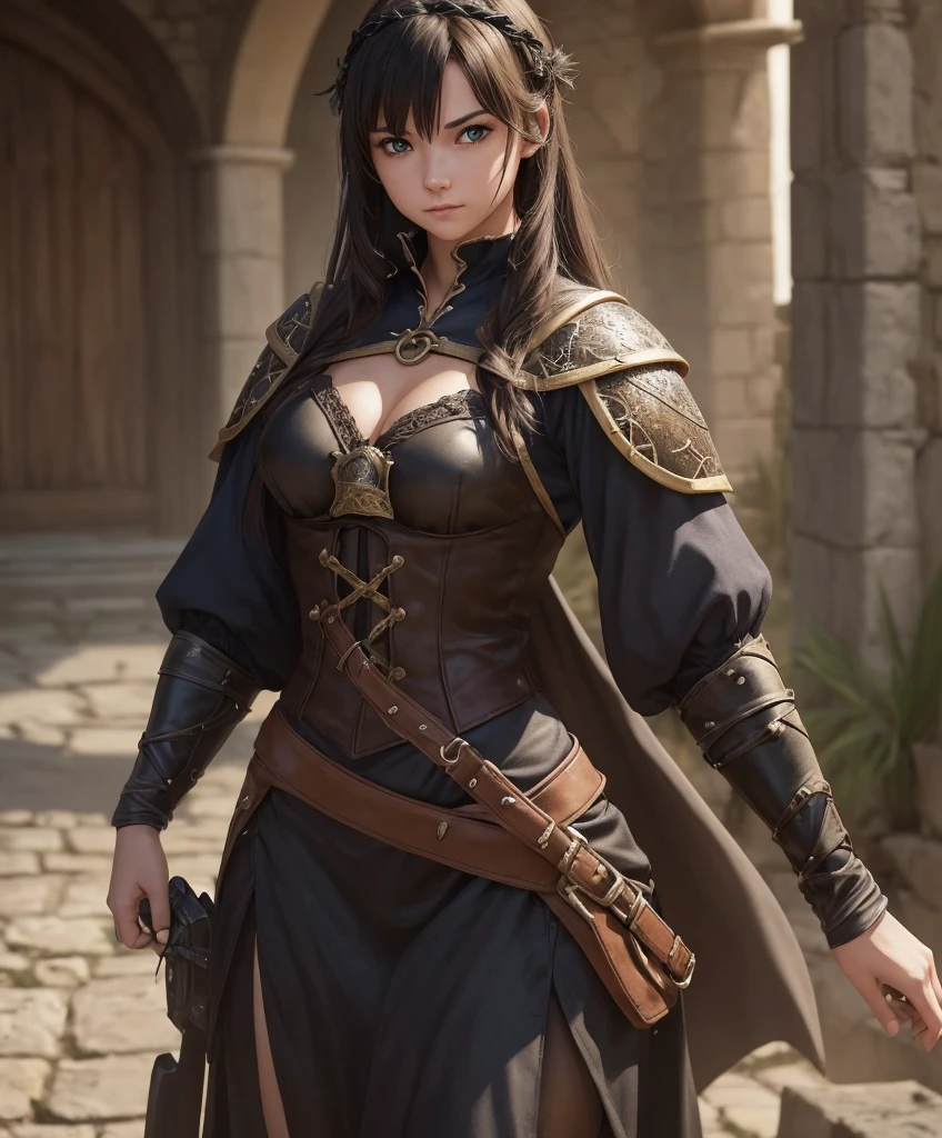 (((Single character image.))) (((1girl))) (((Dressed in medieval fantasy attire.))) (((Solo))) (((Generate a darkly sexy female character for a fantasy setting.))) (((Appears to be 20 years old with youthful looks.)))Generate a female character in a fantasy tropical setting.  She dresses in swashbuckler fashion, looks dangerous and sexy and seems like an ideal fantasy character.  best quality:1.0,hyperealistic:1.0,photorealistic:1.0,madly detailed CG unity 8k wallpaper:1.0,masterpiece:1.3,madly detailed photo:1.2, hyper-realistic lifelike texture:1.4, picture-perfect:1.0,8k, HQ,best quality:1.0, 