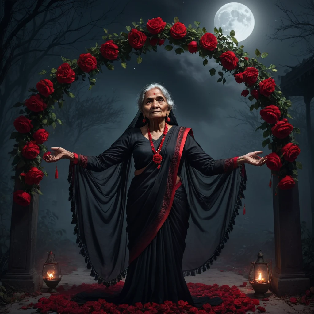 A withered old indian woman in a flowing black saree, wearing a garland of vibrant red china roses, performing arcane black magic rituals under the light of a full moon, an eerie and unsettling atmosphere, dark night horror ambience, masterfully detailed, photorealistic, cinematic lighting, dramatic shadows, mystical energy, intricate textures, vivid colors