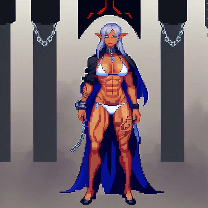 extremely long hair, ponytail, perfect anatomy 1 girl tall solo, slim thick, ((muscular)) high elf toned body, silver breast plate, blue cape, slender abs, hourglass waist, detailed face, defined cheekbones, puffy lips, gauntlets, gold crown, shadow over eyes, looking at viewer, masterpiece, white thigh highs lingerie, lustful smirking smile face red blushed red cheeks, 2 high heels feet together, full body girl (black background) standing by wooden pole bondage, shibari, bondage, bdsm, rope, gag, ball_gag