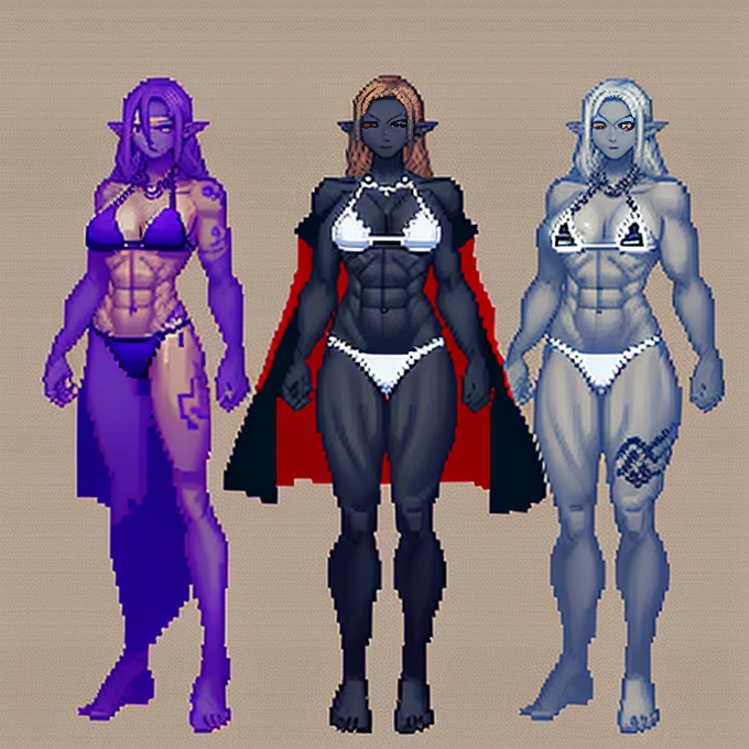 ((pixel art)) whole body, standing, gray skin, drow, elf, 1 girl, maduro, purple eyes, by white, black bikini, ABS, Large knockers, tattered rags, chain collar, stomach tattoo (red tattoo)