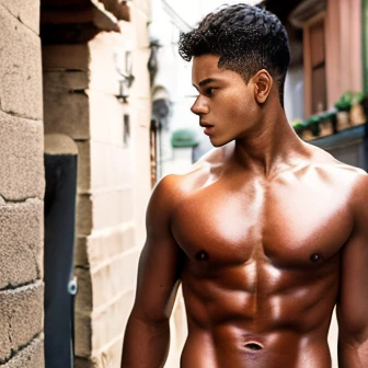ultra realistic,niño de de 15-y with brown cinnamon skin, toned athletic body straight hair,serious thoughtful male observer has a bare back and wears a white outfit typical of ancient Egypt, walk through the streets of a modern city