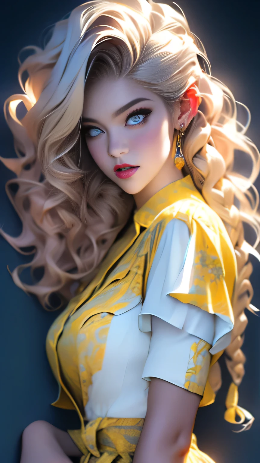 (Surreal), (picture), (High resolution), (In 8K), (Very detailed), (Best Illustration Photos), (Beautiful and fine details), (Highest quality), (Ultra-detailed), (masterpiece), (wallpaper), (Detailed face), solo, One Girl, White Wavy Hair, Korean Beauty, iridescent heterochromatic eyes, loose fitting blue and yellow checked shirt, (Blue and yellow checked maid outfit), Long legs, Toned Abs, stockings、((Curly hair in braids、good1))、